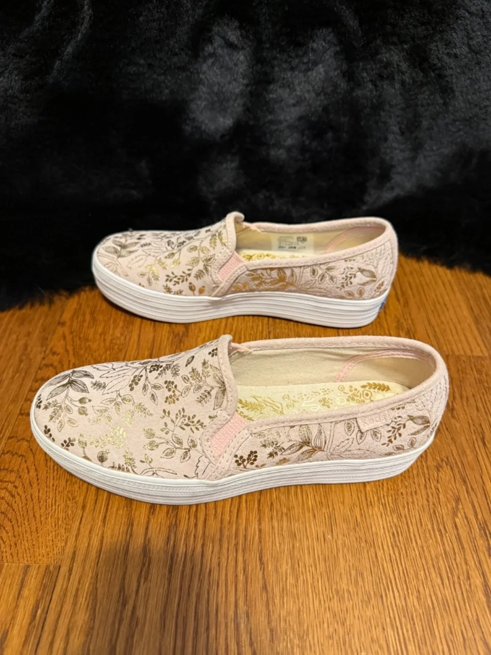 Rifle Paper Keds collaboration gorgeous light pink with gold floral and pattern